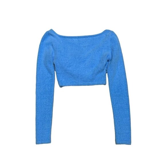 AMANDA UPRICHARD Fuzzy Luxury Designer Bright Blue Soft Crop Top XS - Picture 4 of 4